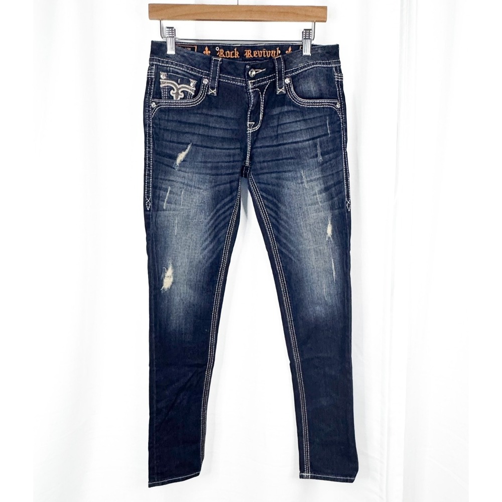 Rock Revival Drew Cuffed Skinny Jeans Women's 27 Dark Wash Rhinestone Distressed